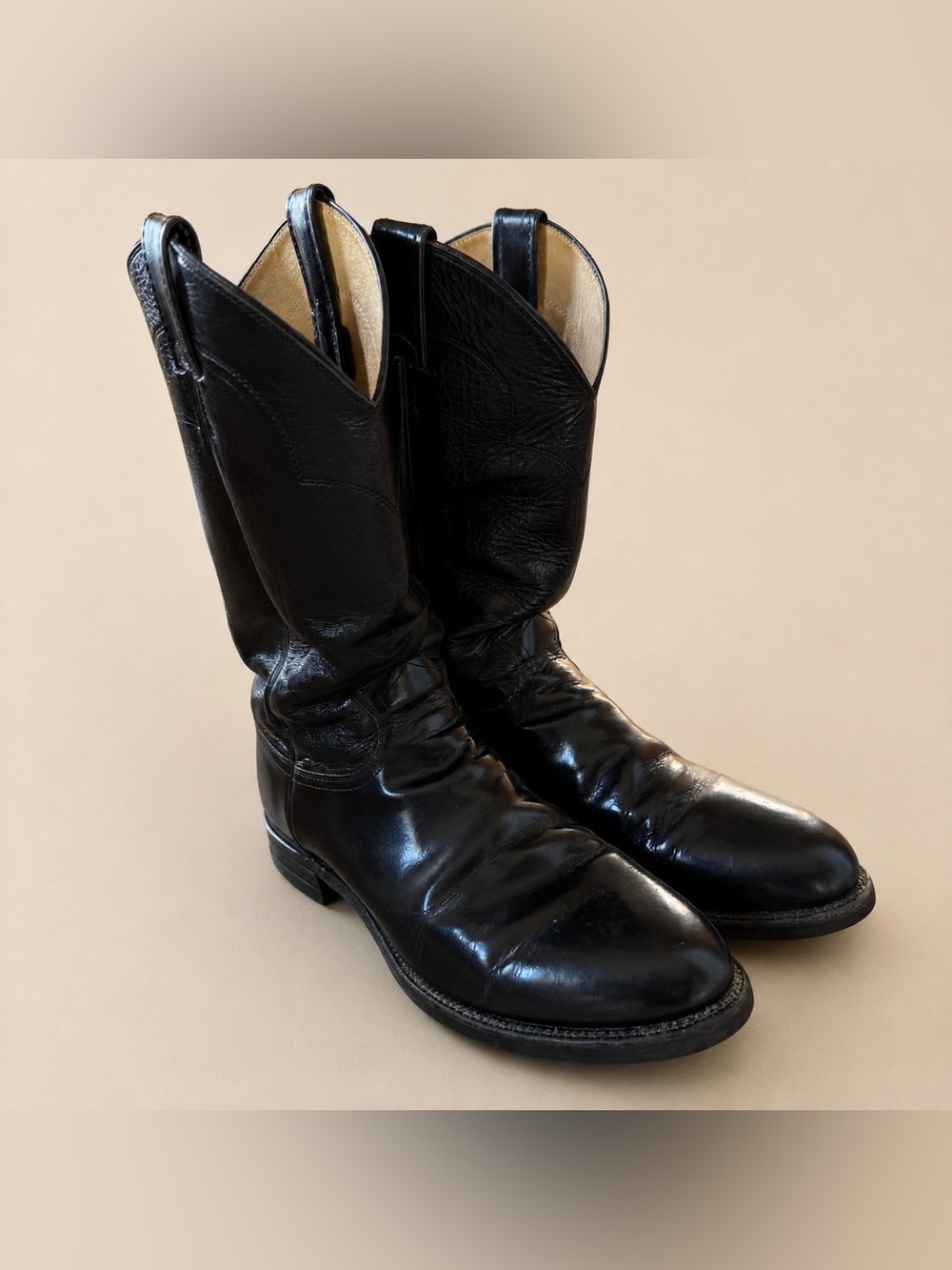 Vintage Justin Black Leather Roper Cowboy Boots Vibram Sole Women’s 10.5B USA